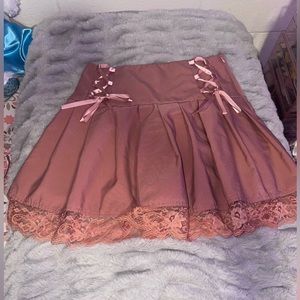 Pink Pleated Skirt with Lace Trim and Lace-up Detailing, Size S